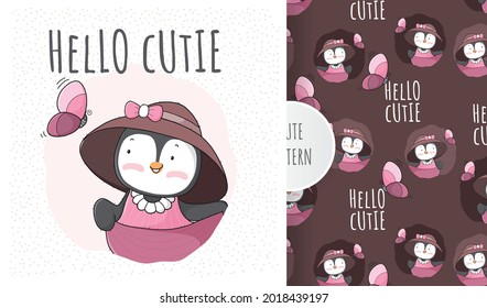 Flat cute animal penguin with butterfly illustration with pattern set