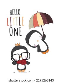 Flat cute animal penguin fly with umbrella illustration for kids. Cute penguin character
