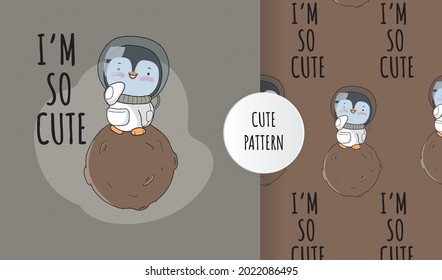 Flat cute animal penguin little hero on the space pattern set