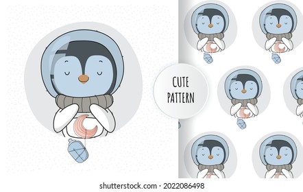 Flat cute animal penguin little hero on the space pattern set