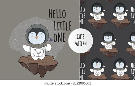 Flat cute animal penguin little hero on the space pattern set