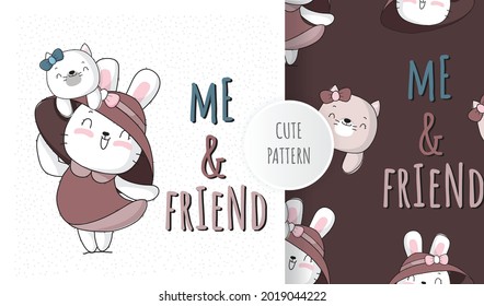 Flat cute animal pretty bunny with kitten pattern set illustration