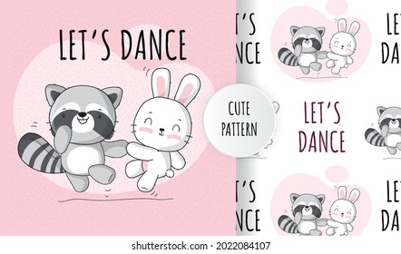 Flat cute animal raccoon with bunny happy dance