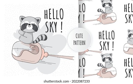 Flat cute animal raccoon happy playing pattern set
