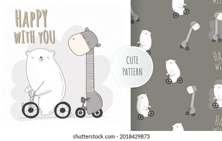 Flat cute animal riding bicycle illustration with  pattern set