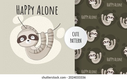 Flat Cute Animal Sloth Happy Alone Pattern Set. Vector Slot Illustration.