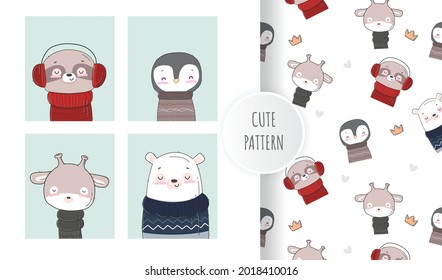 Flat cute animal vector illustration collection. sloth giraffe  penguin  bear