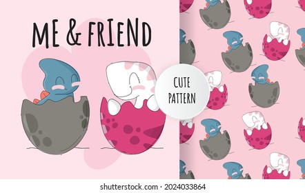 Flat cute flat babies dino on big egg pattern set. Vector dinosaurs illustration.