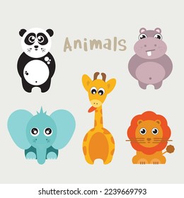 Flat Cute Baby Animals Set. Panda, Hippo, Elephant, Giraffe, Lion.