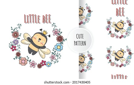 Flat cute baby bee with flowers   illustration with seamless pattern
