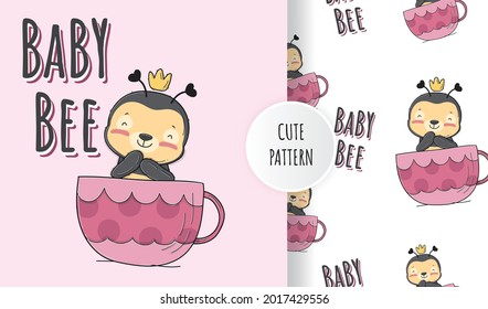 Flache süße Biene auf der Tasse Tiergrafik mit nahtlosem Muster