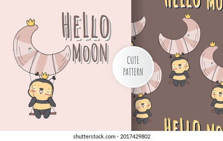 Flat cute baby bee on the moon animal illustration with seamless pattern