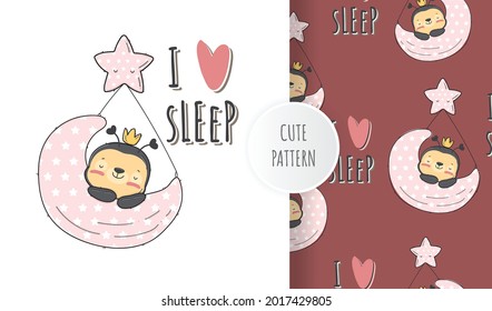 Flat cute baby bee on the moon animal illustration with seamless pattern