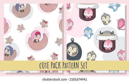 Flat cute baby bird seamless pattern set
