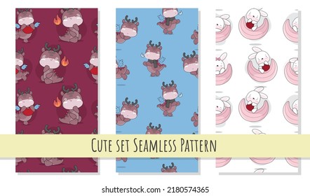 Flat cute baby dinosaurs seamless pattern set