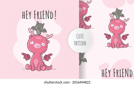 Flat cute baby pink dragon illustration for kids