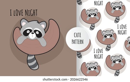 Flat cute baby raccoon on the moon pattern set. Cartoon childish raccoon illustration for nursery t-shirt, kids apparel, invitation, simple scandinavian child design, wall art design.
