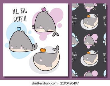 Flat cute baby whale illustration for kids  and pattern set
