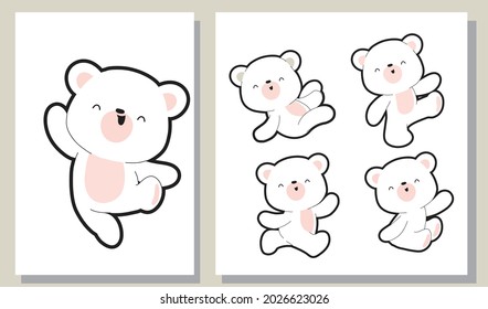 Flat cute baby white bear collection illustration set. Cartoon childish bear illustration for nursery t-shirt, kids apparel, invitation, simple scandinavian child design, wall art design.

