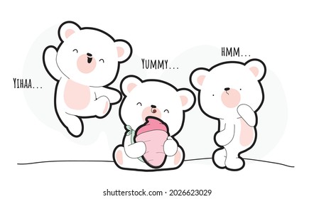 Flat cute baby white bear collection illustration set. Cartoon childish bear illustration for nursery t-shirt, kids apparel, invitation, simple scandinavian child design, wall art design.
