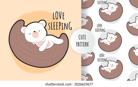 Flat cute baby white bear on the moon pattern set. Cartoon childish bear illustration for nursery t-shirt, kids apparel, invitation, simple scandinavian child design, wall art design.
