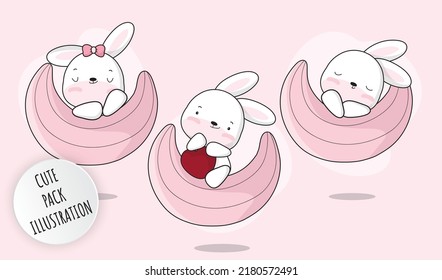 Flat Cute Baby White Bunny Collection Illustration Set
