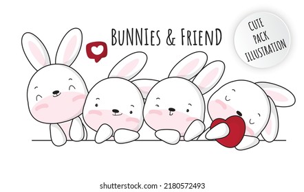 Flat Cute Baby White Bunny Collection Illustration Set
