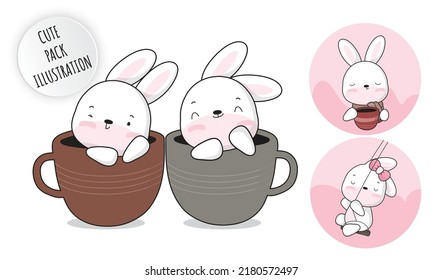 Flat Cute Baby White Bunny Collection Illustration Set
