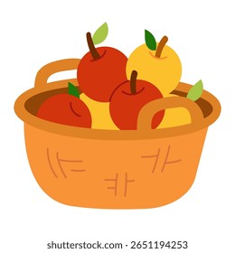 Cesta plana bonito de maçãs vermelhas e amarelas. Ilustração em desenho animado vetorial para época de colheita, projetos de outono ou conteúdo alimentar saudável. Imagem isolada no plano de fundo branco