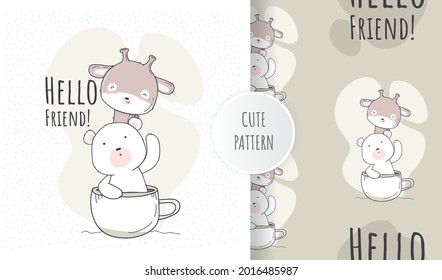 Flat cute bear with baby giraffe illustration for kids 