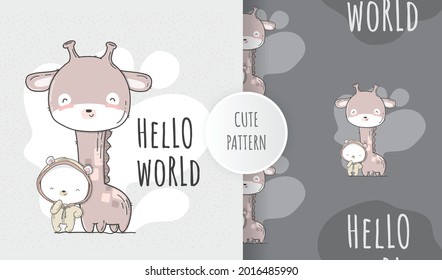 Flat cute bear with baby giraffe illustration for kids 