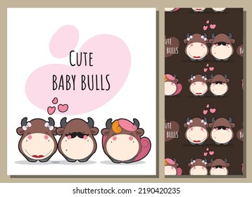 Flat cute bull illustration for kids and pattern set
