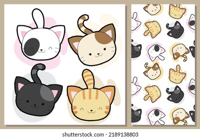 Flat cute cat illustration for kids and pattern set
