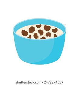 Flat cute chocolate cereal with milk in a bowl for breakfast vector illustration isolated on transparent background