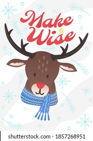 flat cute christmas vector sign and symbol postcard background with cute brown deer wearing scarf. christmas festive texture greetings card background. winter holiday background. 