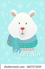 seña vectorial de navidad linda plana y fondo postal de símbolo con oso polar lindo usando bufanda. fondo de la tarjeta de saludos de textura festiva navideña. fondo de vacaciones de invierno. 