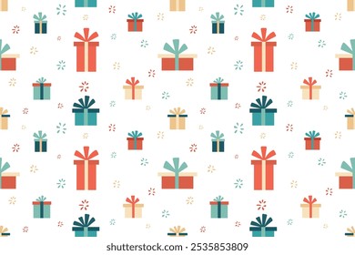 Flat cute color gift boxes seamless pattern on white background. Collection for Birthday, Christmas, Easter, Valentine's Day or any celebration. Vector illustration.