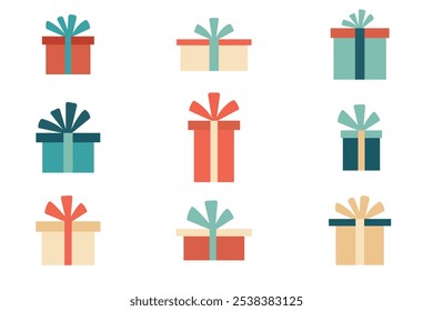 Flat cute color gift boxes set isolated on white background. Collection for Birthday, Christmas, Easter, Valentine's Day or any celebration. Vector illustration.