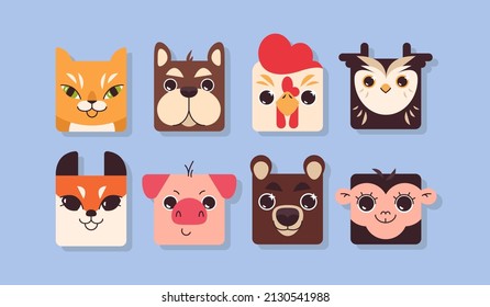 Caras cuadradas de colores y lindas caras de animales. Cerdo gracioso, vaca, perro, gato, zorro, mono, oso y zoológico de pollo para niños. Juego de iconos de avatar de la aplicación. Forma de cabeza de colección infantil de animales de compañía, animales silvestres y de granja