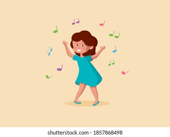 Flat cute dancing girl to music. Color notes. Vector illustration. 