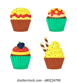 Flat cute delicious colorful muffins set with sweet toppings. Chocolate and cream desserts. Tasty yummy food, bakery. Cupcakes isolated on white. Vector illustration.