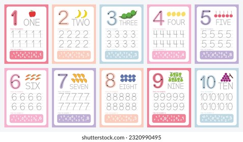 flat cute design vector colorful learning number tracing number counting collection