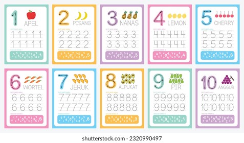 flat cute design vector colorful learning number tracing number counting collection