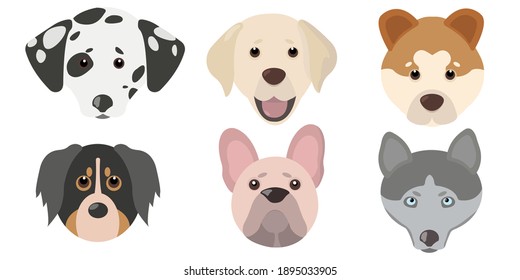 Flat cute dog head set. Vector illustration