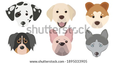 Flat cute dog head set. Vector illustration