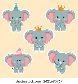 flat cute elephant cartoon set design birthday elements set