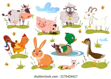 Flat cute farm animals and birds set isolated on white background. Livestock and cartoon funny farming pets. Vector illustration of cow, pig, sheep, goat and rabbit. Collection of duck, goose and hen.