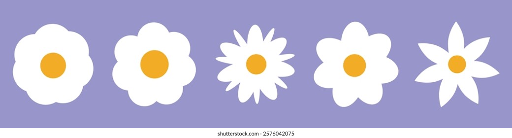 Flat cute flowers set. Hand drawn daisy head. Vector printable illustration