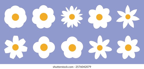 Flat cute flowers set. Hand drawn daisy head. Vector printable illustration