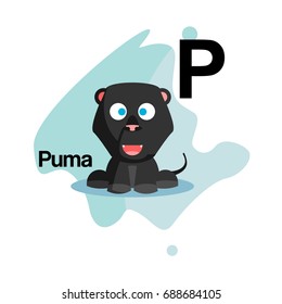 Flat cute and funny cartoon black puma character with various emotion and face in blue abstract background for kids and children